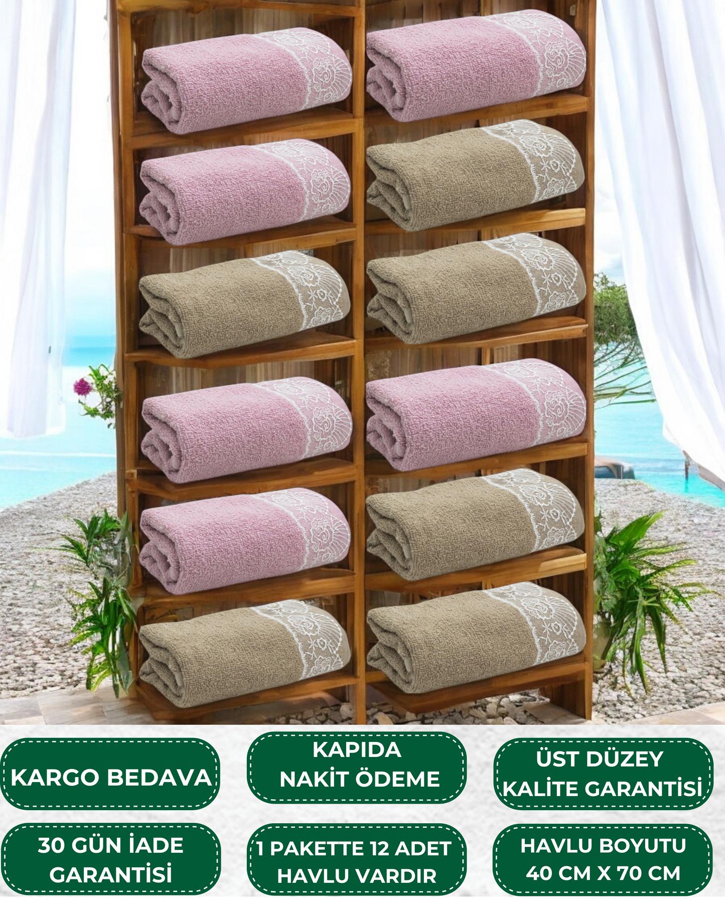 Gorsed 40 Cm X 70 Cm, 12'li, Dantel Güpür İşlemeli, El ve Yüz Havlusu